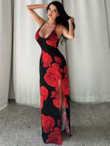 Red Sexy Printed Slit Suspender Long Dress