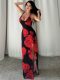 Red Sexy Printed Slit Suspender Long Dress