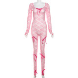 Pink Sexy See-through Hollow Jacquard Tight Lace Jumpsuit