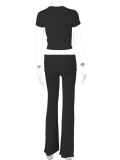 Black Fashionable Midriff-baring T-shirt and Slim-fit Trousers Suit