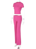 Rose Red Fashionable Midriff-baring T-shirt and Slim-fit Trousers Suit