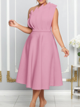 Pink Sexy Slope Neck High Waist Sleeveless Dress