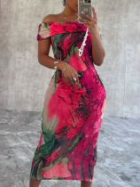 Sexy One-shoulder Printed Sleeveless Stretch Hip Dress