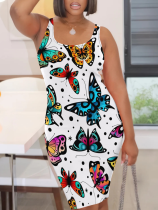 Fashionable Suspender Casual Printed Plus Size Dress