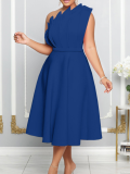 Blue Sexy Slope Neck High Waist Sleeveless Dress