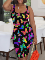Fashionable Suspender Casual Printed Plus Size Dress