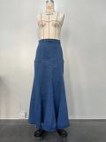 Blue Denim Washed High Waist Skirt