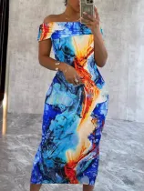 Sexy One-shoulder Printed Sleeveless Stretch Hip Dress