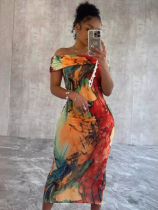 Sexy One-shoulder Printed Sleeveless Stretch Hip Dress