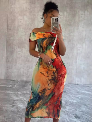 Sexy One-shoulder Printed Sleeveless Stretch Hip Dress