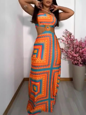 Sexy Printed Patchwork Backless Hollow Halterneck Dress