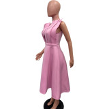 Pink Sexy Slope Neck High Waist Sleeveless Dress