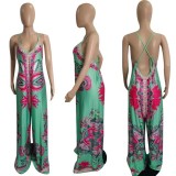 Light Blue Fashionable Casual Printed Suspender Jumpsuit
