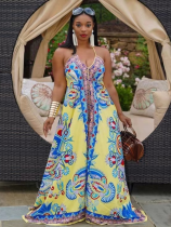 Yellow Fashionable Casual Printed Suspender Jumpsuit