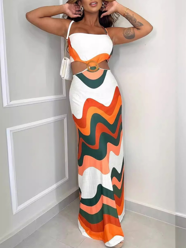 Sexy Printed Patchwork Backless Hollow Halterneck Dress