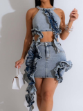 Light Blue Fashionable Fungus Elastic Zipper Casual Denim Skirt Two-Piece Set