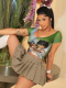 Green Fashionable New 3D Printed U-Neck Navel-Baring T-Shirt