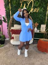 Blue Sports And Leisure Tight Waisted Long-Sleeved Flared Skirt Two-Piece Set