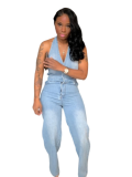 Light Blue Halter Neck Wrap Chest Jumpsuit Jeans