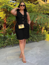Black Fashionable Casual V-Neck Single-Breasted Wide-Leg Shorts Two-Piece Set