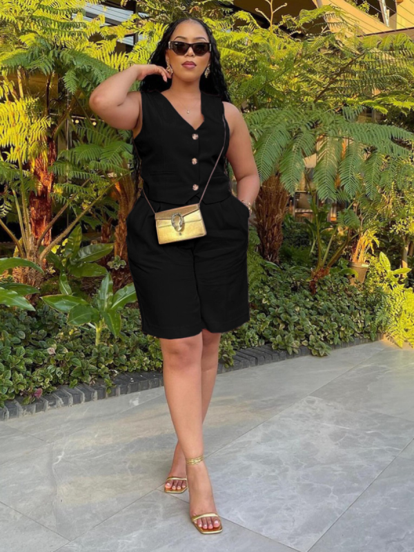 Black Fashionable Casual V-Neck Single-Breasted Wide-Leg Shorts Two-Piece Set