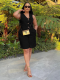 Black Fashionable Casual V-Neck Single-Breasted Wide-Leg Shorts Two-Piece Set