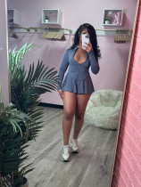 Grey Sports And Leisure Tight Waisted Long-Sleeved Flared Skirt Two-Piece Set