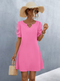 Rose Red Casual Chain Hollow Short-sleeved Dress
