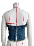 Blue Stretch Patch Embroidered Denim Bandeau Top