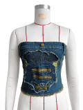 Blue Stretch Patch Embroidered Denim Bandeau Top