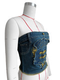Blue Stretch Patch Embroidered Denim Bandeau Top