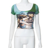 Green Fashionable New 3D Printed U-Neck Navel-Baring T-Shirt