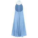 Light Blue Sexy Suspender A-hem Pleated Beach Vacation Long Dress