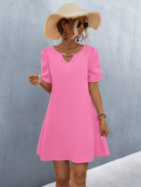 Rose Red Casual Chain Hollow Short-sleeved Dress