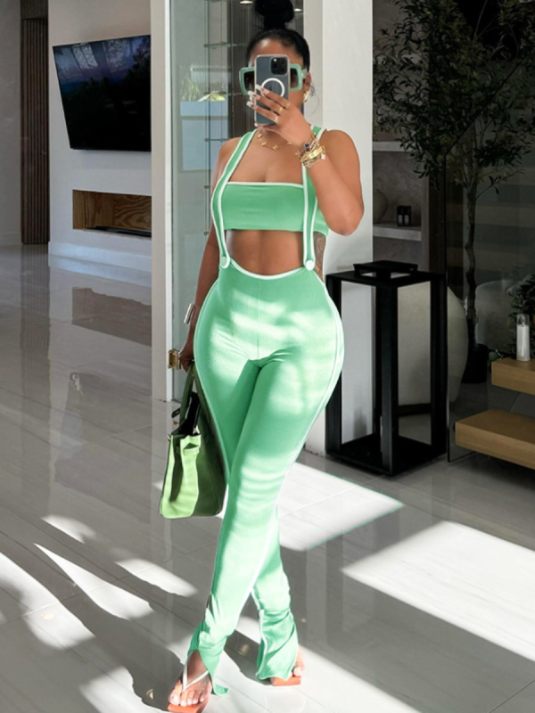 Green Sexy Striped Tube Top And Suspender Trousers Casual Two-Piece Set