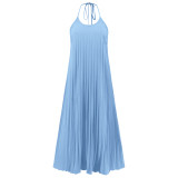 Light Blue Sexy Suspender A-hem Pleated Beach Vacation Long Dress