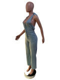 Light Blue Halter Neck Wrap Chest Jumpsuit Jeans
