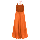 Orange Sexy Suspender A-hem Pleated Beach Vacation Long Dress