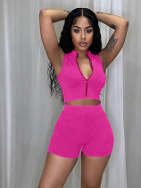 Rose Red Summer Sports Fashion Knitted Sleeveless Zipper Two-Piece Set