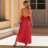 Red Sexy Suspender A-hem Pleated Beach Vacation Long Dress