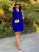 Blue Fashionable Casual V-Neck Single-Breasted Wide-Leg Shorts Two-Piece Set