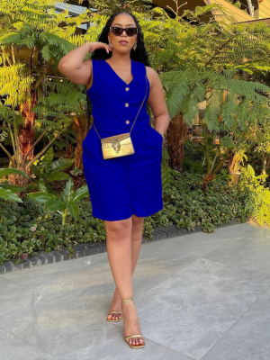 Blue Fashionable Casual V-Neck Single-Breasted Wide-Leg Shorts Two-Piece Set