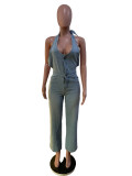 Light Blue Halter Neck Wrap Chest Jumpsuit Jeans