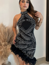 Black Sexy Permed Diamond Feather Sleeveless Elastic Pearl Bag Hip Dress