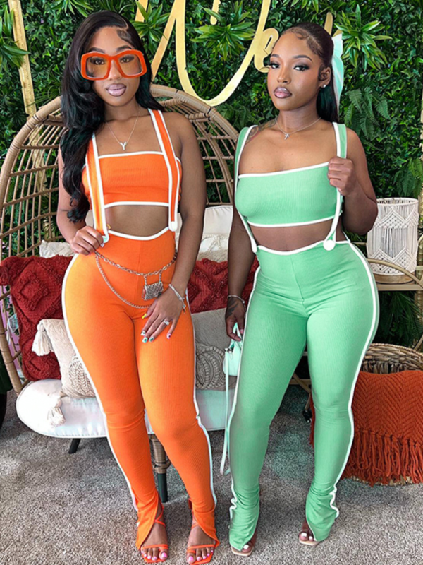 Sexy Striped Tube Top And Suspender Trousers Casual Two-Piece Set