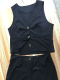 Black Fashionable Casual V-Neck Single-Breasted Wide-Leg Shorts Two-Piece Set