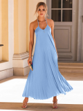 Light Blue Sexy Suspender A-hem Pleated Beach Vacation Long Dress
