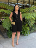 Black Fashionable Casual V-Neck Single-Breasted Wide-Leg Shorts Two-Piece Set