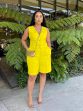Yellow Fashionable Casual V-Neck Single-Breasted Wide-Leg Shorts Two-Piece Set