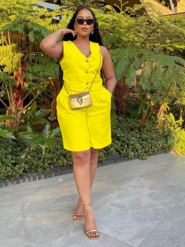 Yellow Fashionable Casual V-Neck Single-Breasted Wide-Leg Shorts Two-Piece Set